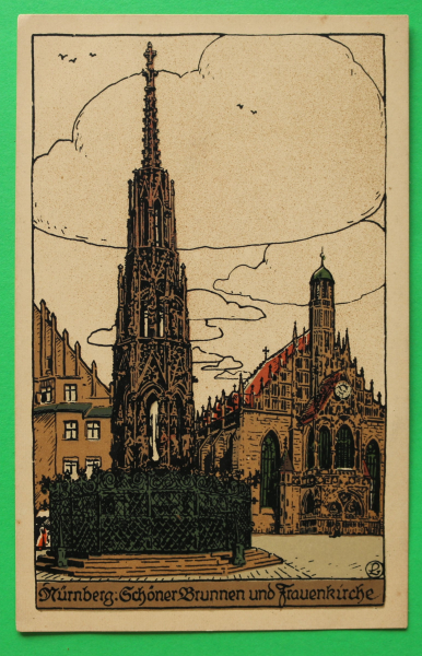 AK Nürnberg / 1910-20 / Litho / schöner Brunnen Frauenkirche Architektur / Künstler Steinzeichnung Stein-Zeichnung / Monogramm L